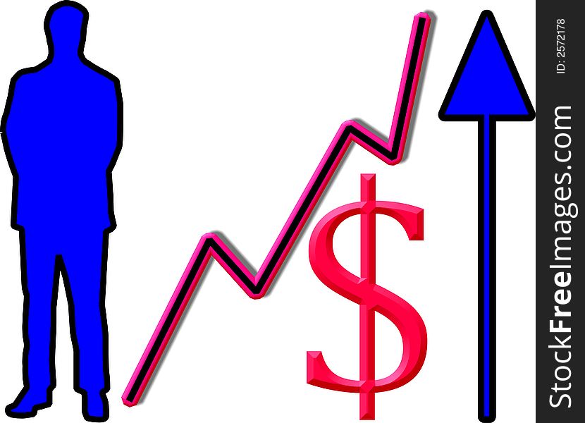 Conceptual graphic success in business, man, upward graph, dollar sign and upward arrow. Conceptual graphic success in business, man, upward graph, dollar sign and upward arrow.