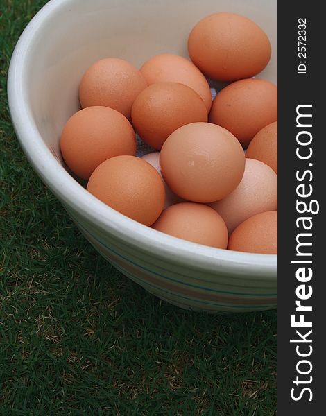 Brown eggs in antique bowl on grass. Brown eggs in antique bowl on grass