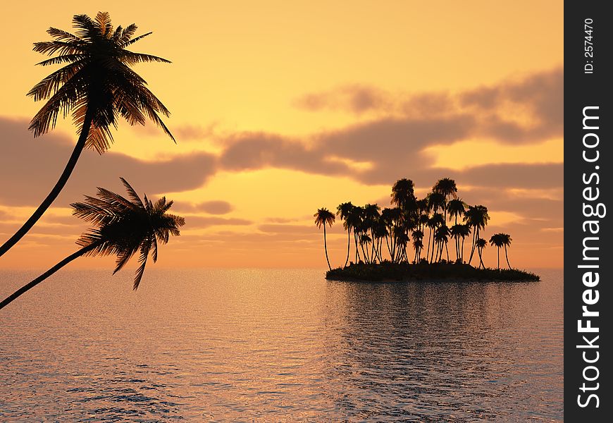 Sunset coconut palm trees on small island - 3d illustration.