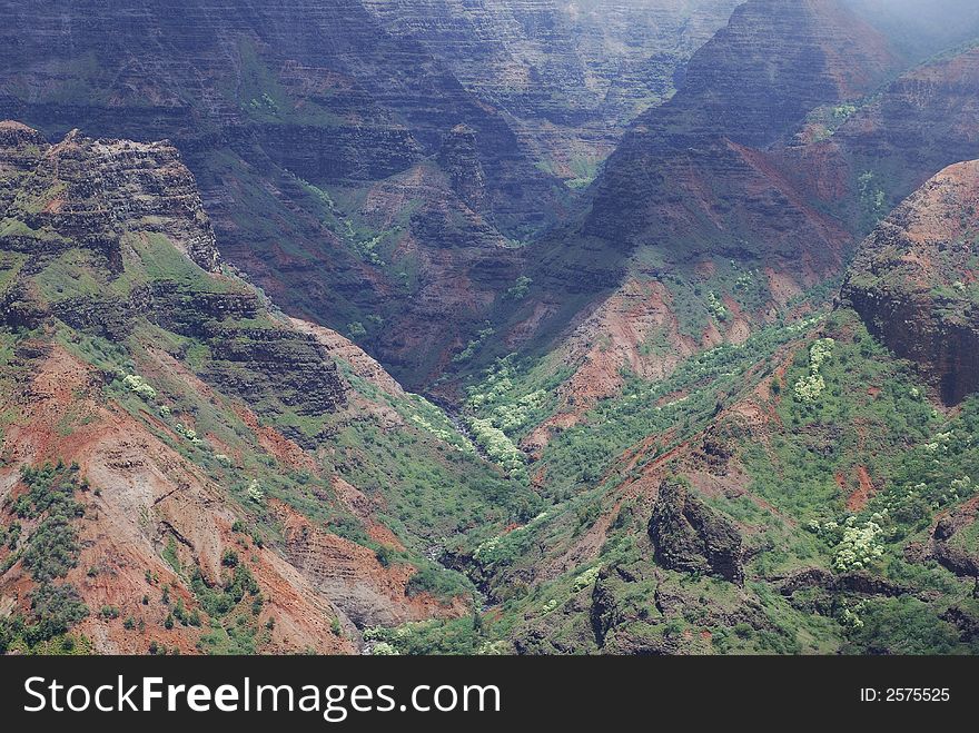 River path in a valley of Waimea Canyon on Kauai island, Hawaii.