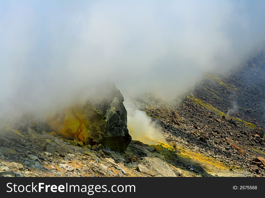 Rocks, smoke and sulphur on the volcano in italy.