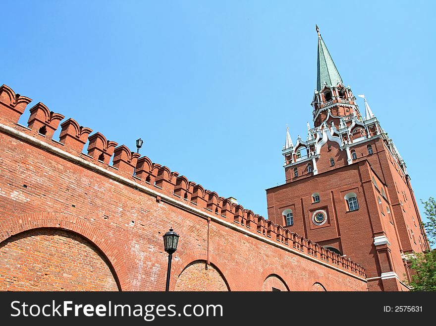 Troitskay tower with wall of Moscown Kremlin, Russia