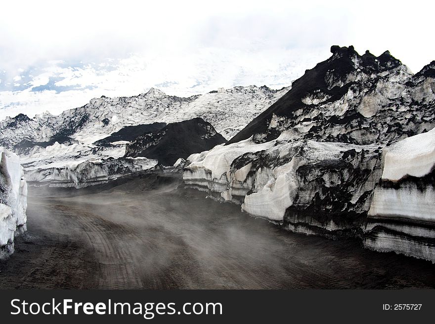 Misty road on the glacier. Etna volcano in sicily (italy).