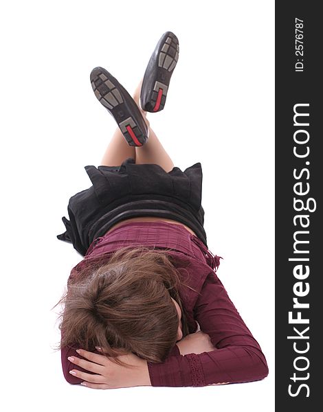 A sleeping girl on white background