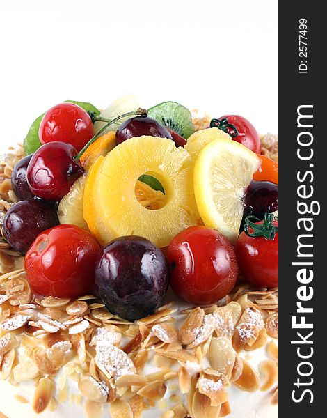 Close-up of a cake with fruit topping