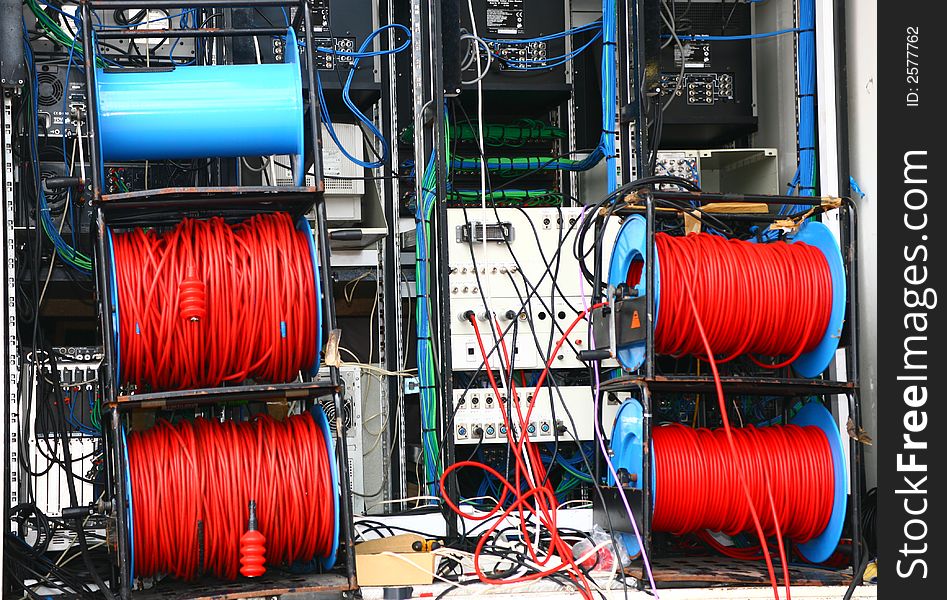 Telecommunication equipment on a television truck. Telecommunication equipment on a television truck