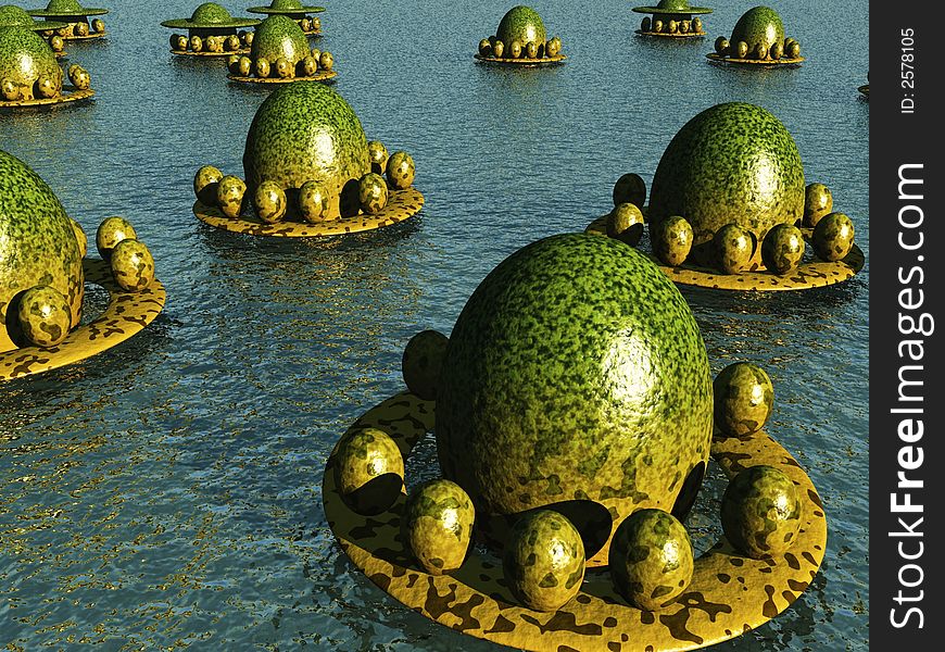 An ocean colony of alien eggs. An ocean colony of alien eggs.