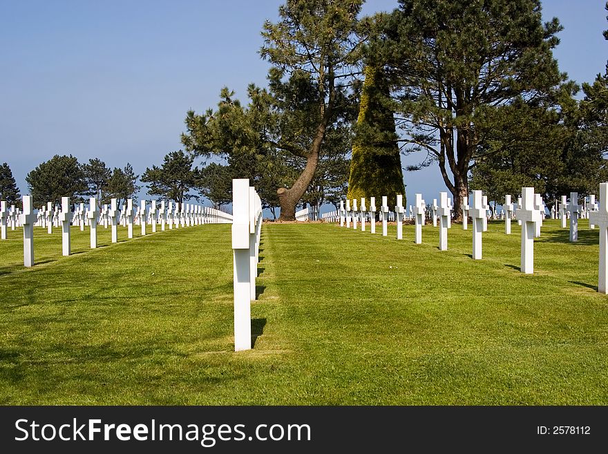 Rows of crosses at the Normandy American Cemetery, France