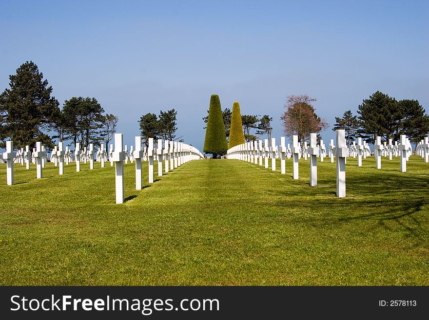 Rows of crosses at the Normandy American Cemetery, France