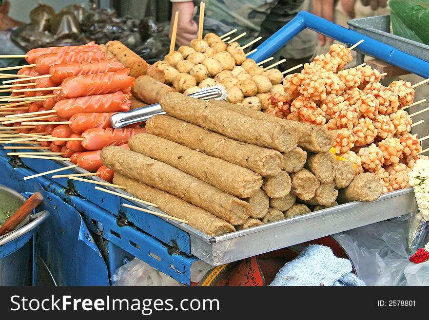 A selection of sausages for sale on the streets of Thailand. A selection of sausages for sale on the streets of Thailand