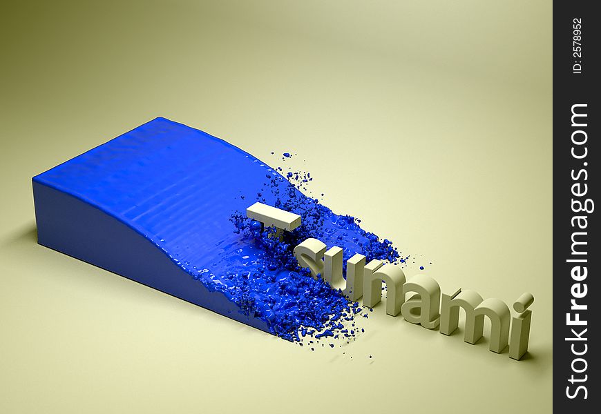 A tidal wave engulfs the word tsunami (3D computer render). A tidal wave engulfs the word tsunami (3D computer render)