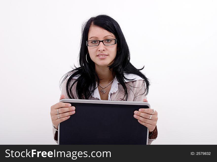 Young girl with a black laptop. Young girl with a black laptop