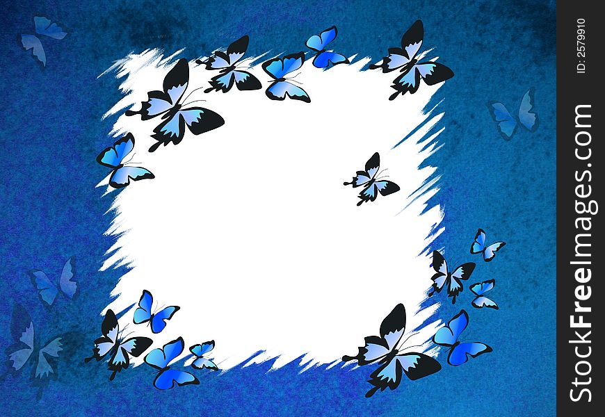 Blue grunge border with butterflies, design background. Blue grunge border with butterflies, design background