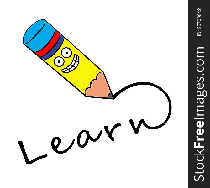 A cartoon pencil writing the word learn. A cartoon pencil writing the word learn