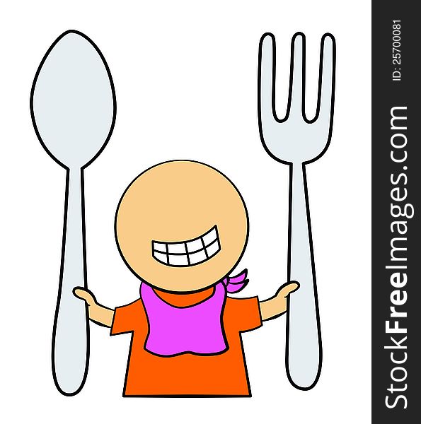 A cartoon character holding a large spoon and fork. A cartoon character holding a large spoon and fork