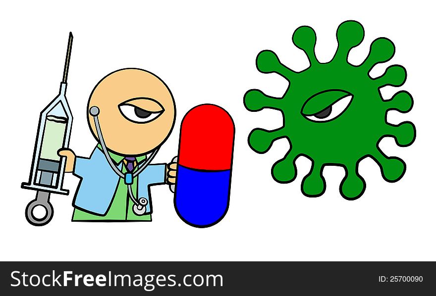 A cartoon doctor fighting against a giant virus. A cartoon doctor fighting against a giant virus