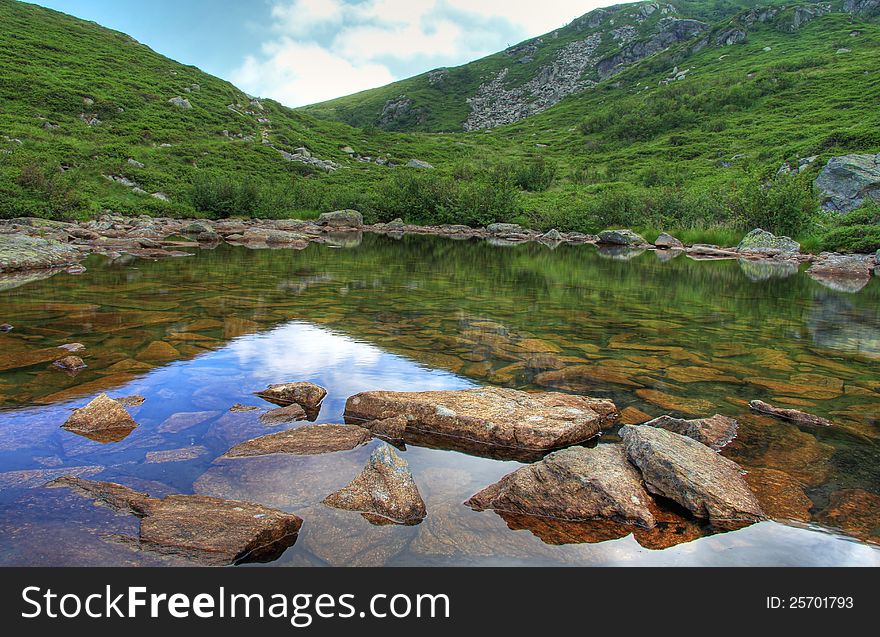 Alpine mountain lake with blue sky reflected in water