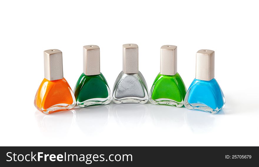 Different five color of nail polish (paint) isolated over white