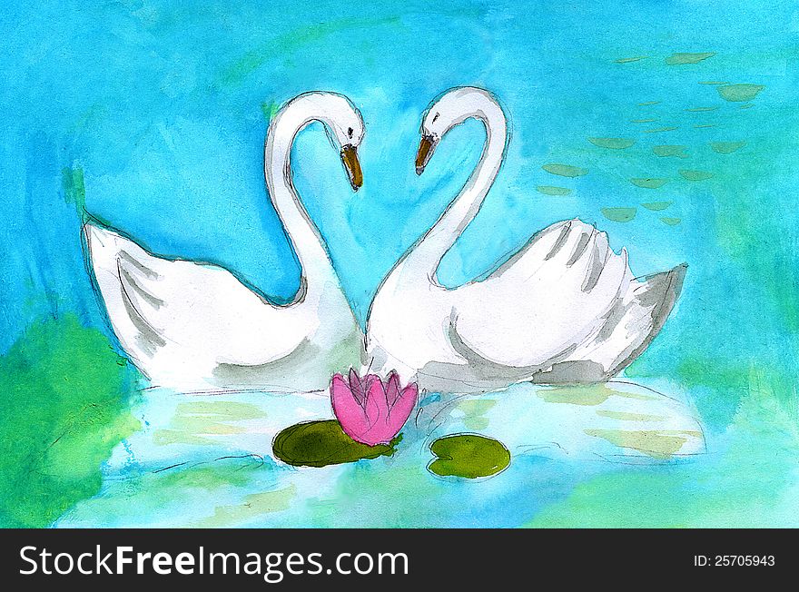 Two flying swans and lily. Two flying swans and lily