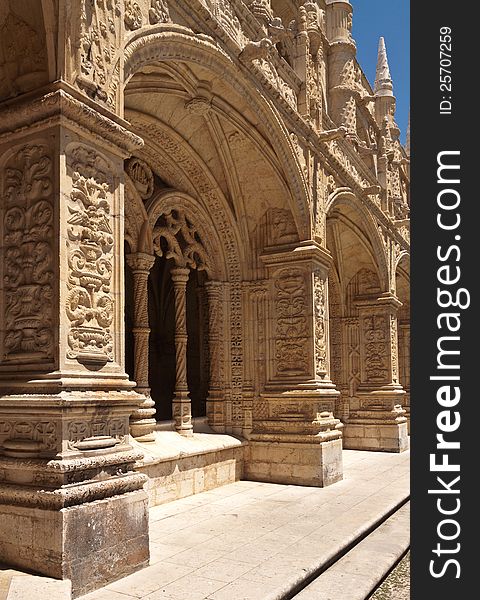 Detail of gallery in Jeronimos monastery, Belem. Lisbon, Portugal