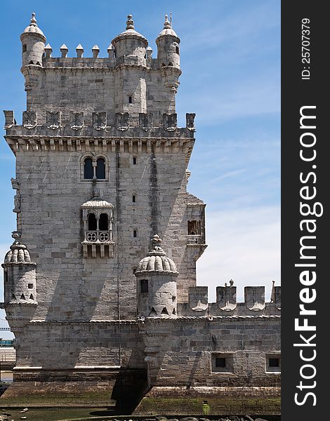 Belem tower over blue sky with clouds, Lisbon. Portugal
