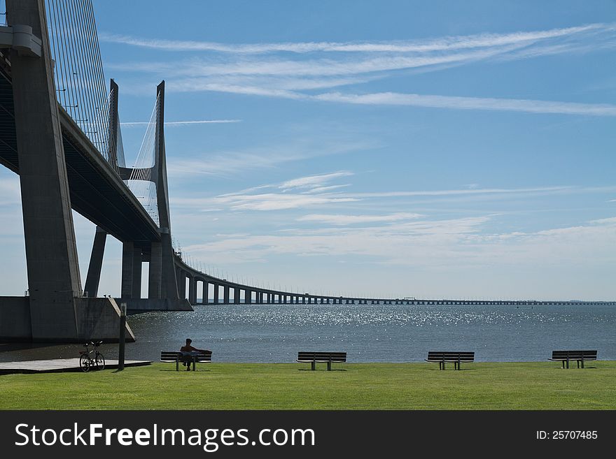 17 kilometers length Vasco da Gama bridge in Lisbon, Postugal
