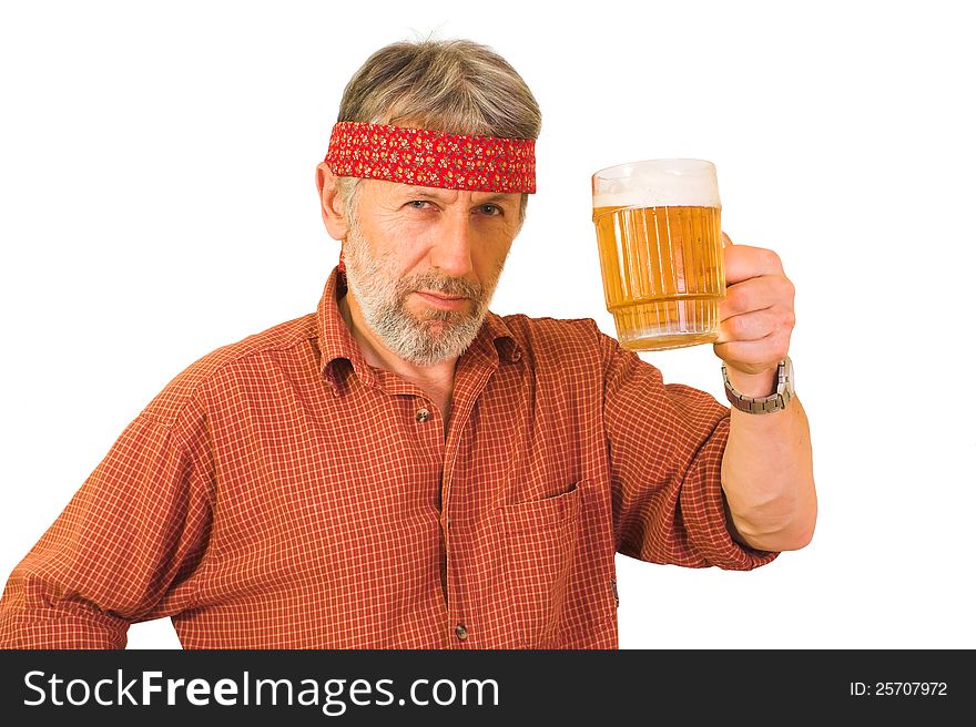 Horizontal portrait of a matured, graying, unshaved guy wearing a red shirt, with a mug of beer in a hand. Horizontal portrait of a matured, graying, unshaved guy wearing a red shirt, with a mug of beer in a hand.