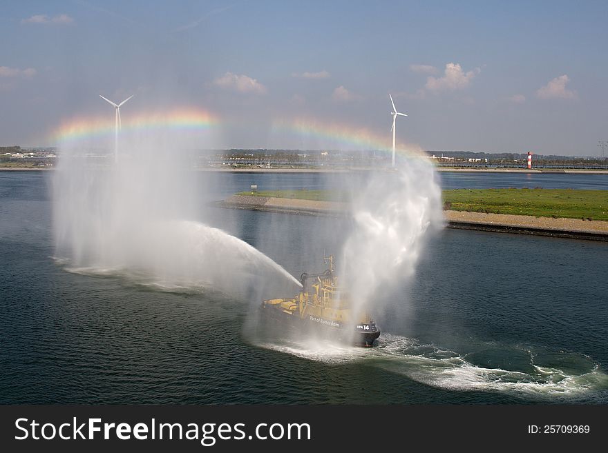 Fireboat in action in the port of Rotterdam