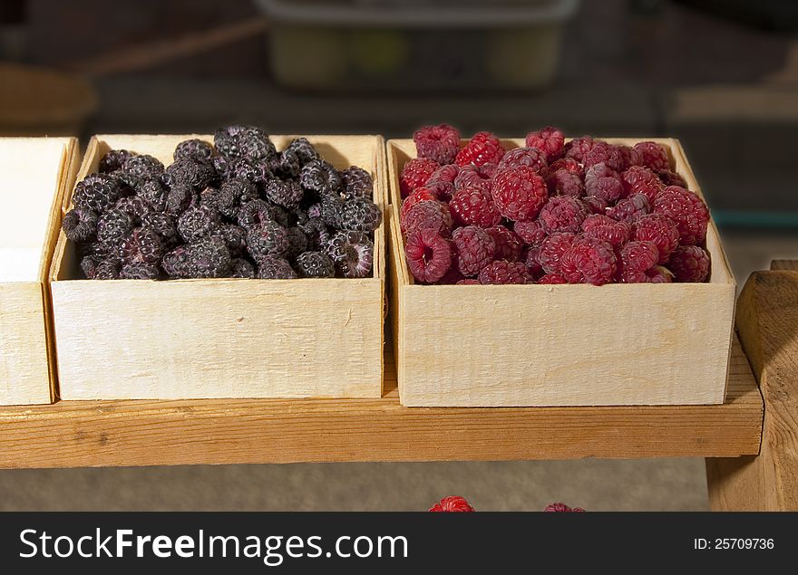 Raspberries in small baskets for sale