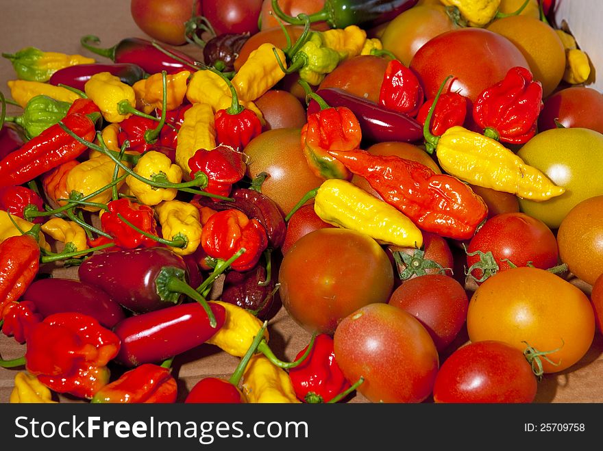 Assorted Peppers and tomatoes on a table