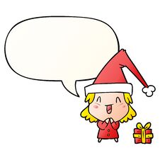 Cartoon Girl Wearing Christmas Hat And Speech Bubble In Smooth Gradient Style Stock Images