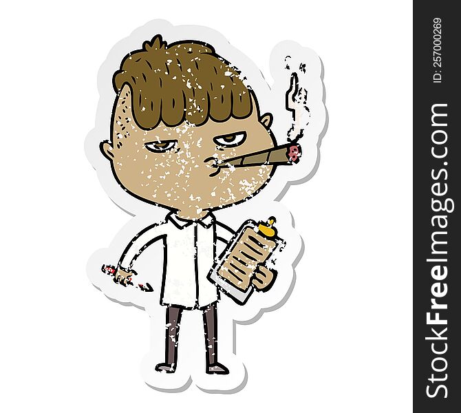 distressed sticker of a cartoon salesman smoking