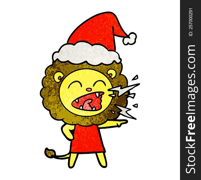 Textured Cartoon Of A Roaring Lion Girl Wearing Santa Hat