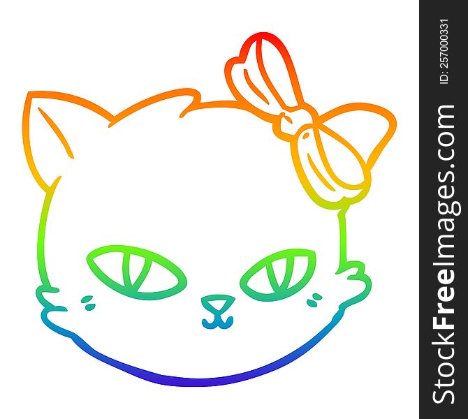 Rainbow Gradient Line Drawing Cartoon Cat Wearing Bow