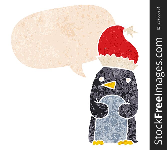 cute christmas penguin with speech bubble in grunge distressed retro textured style. cute christmas penguin with speech bubble in grunge distressed retro textured style