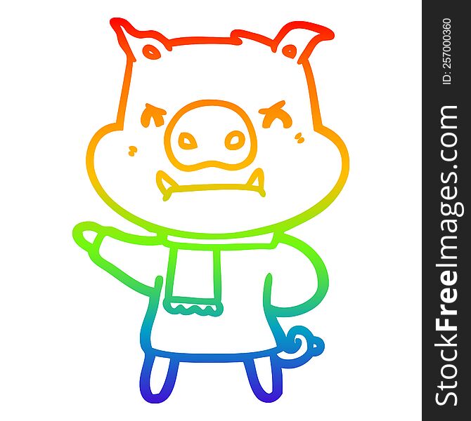 rainbow gradient line drawing of a angry cartoon pig in winter clothes
