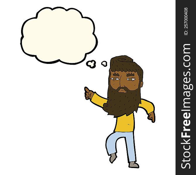 cartoon bearded man pointing the way with thought bubble