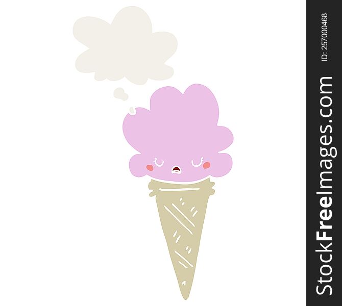 Cartoon Ice Cream With Face And Thought Bubble In Retro Style
