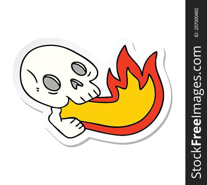 sticker of a fire breathing quirky hand drawn cartoon skull