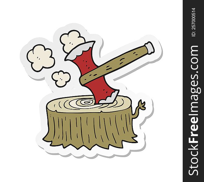 sticker of a cartoon tree stump and axe