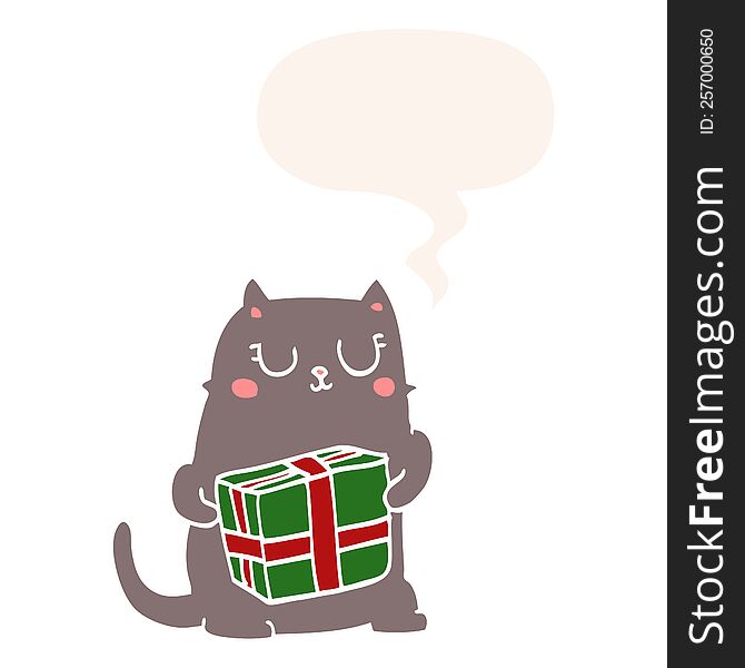 cartoon christmas cat with speech bubble in retro style