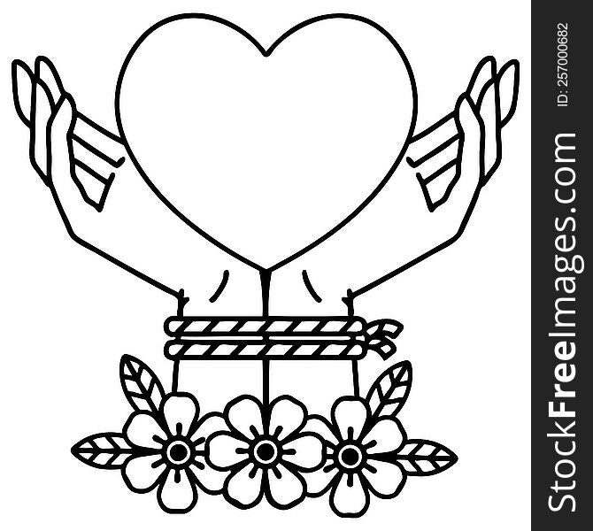 tattoo in black line style of tied hands and a heart. tattoo in black line style of tied hands and a heart