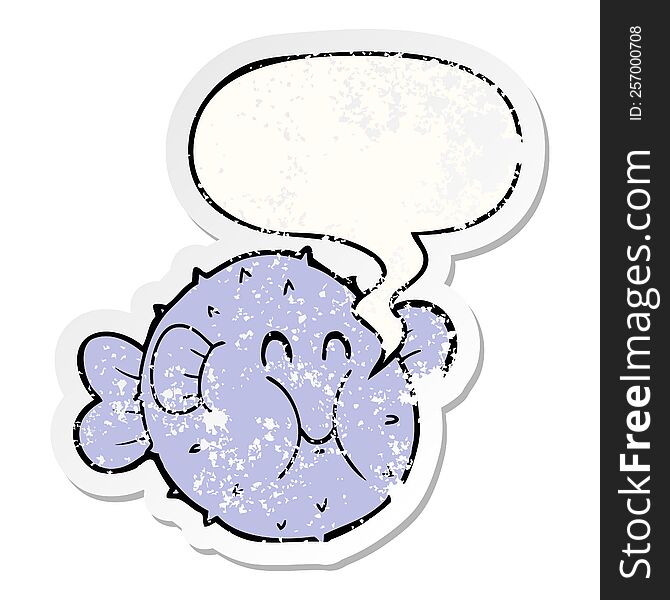 Cartoon Puffer Fish And Speech Bubble Distressed Sticker