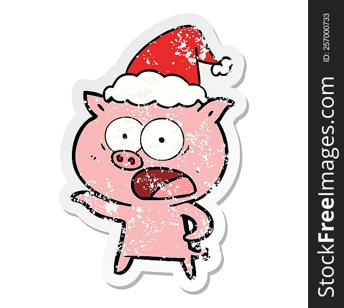Distressed Sticker Cartoon Of A Pig Shouting Wearing Santa Hat