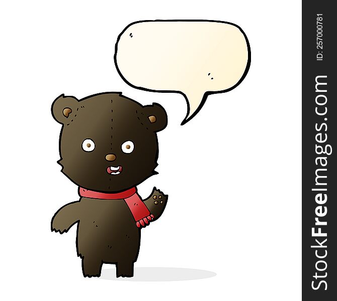 Cartoon Waving Black Bear Cub With Scarf With Speech Bubble