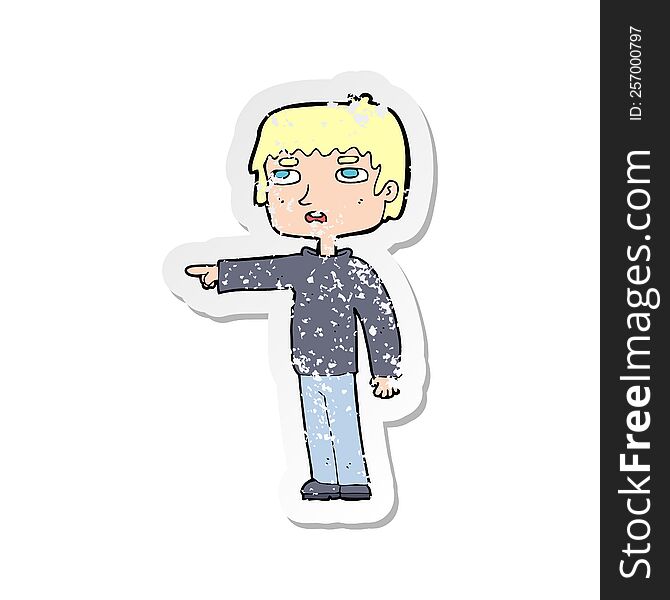 retro distressed sticker of a cartoon boy pointing