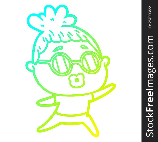 cold gradient line drawing of a cartoon dancing woman wearing sunglasses