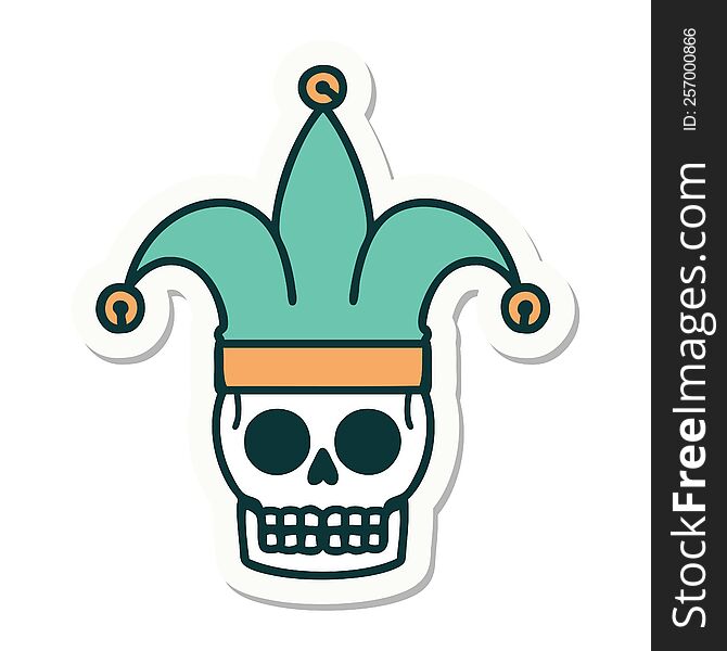 sticker of tattoo in traditional style of a skull jester. sticker of tattoo in traditional style of a skull jester