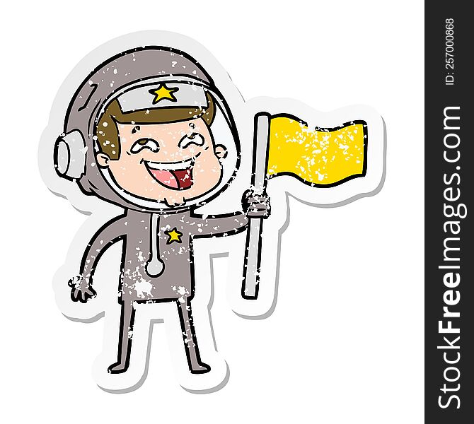 distressed sticker of a cartoon laughing astronaut waving flag