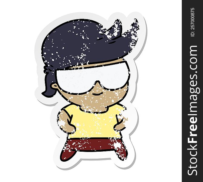 distressed sticker cartoon illustration kawaii kid with shades. distressed sticker cartoon illustration kawaii kid with shades